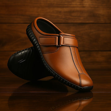 Men's Synthetic Leather-Look Slip-On Mule Sandals with Strap (BROWN)